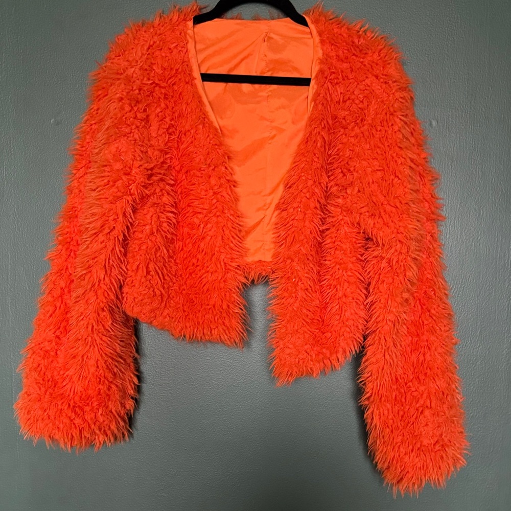 SHEIN Bright Orange Faux Fur Cropped Jacket